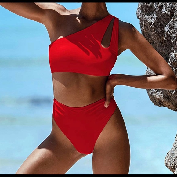 NWOT One Shoulder Bikini High Waisted Cutout Crop Top Swimsuit - Picture 2 of 6